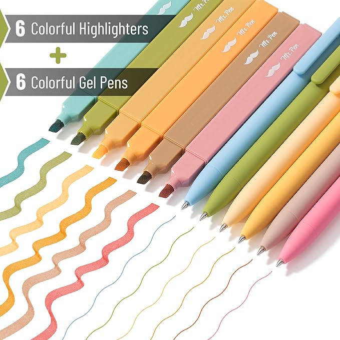Mr. Pen- Aesthetic Highlighters and Gel Pens, 12 Pack, Bright Colors Bible Highlighters No Bleed, Colorful Ink Gel Pens, Cute Highlighter Pens, No Bleed Highlighters for Bibles, Aesthetic Gel Pens