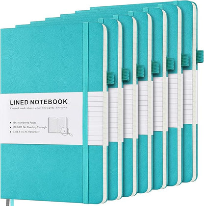 MALEDEN 7 Pack Lined Journal Notebook, Hardcover PU Leather Notebook for Men Women, 100 GSM Thick Numbered Pages with Index Content, Inner Pockets, Bookmarks, A5 Ruled Writing Journal Bulk (Teal)
