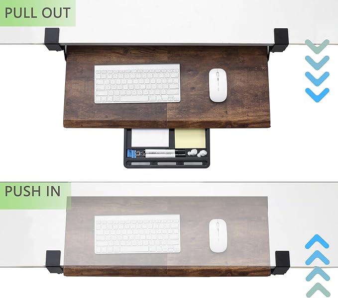 ETHU Keyboard Tray Under Desk, 26.77" X 11.81" Large Size Keyboard Tray with C Clamp-on Mount Easy to Install, Computer Keyboard Stand, Ergonomic Keyboard Tray for Home and Office (Wood)
