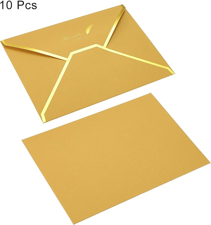 PATIKIL V Flap Envelopes, 10 Pack 7 x 5'' Luxury Style Gold Border Greeting Card Envelope for Invitations Weddings, Yellow