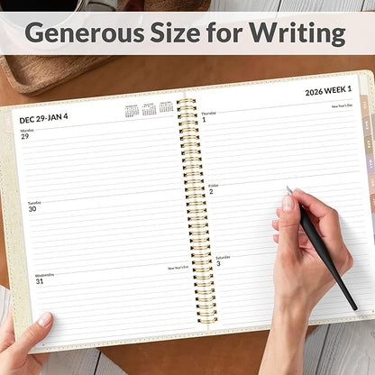 SUNEE 2026 Weekly & Monthly Planner 9"x11.2"- 12 Month (January 2026 - December 2026), Linen Cover, Pocket, Bookmark, Notes, Monthly Tab, Beige