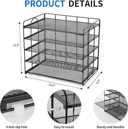 5 Tier Mesh Paper Letter Tray Organizer, Desktop Mail Sorter Office Supplies Organizer for Desk, Desk Organizers and Accessories (Black)