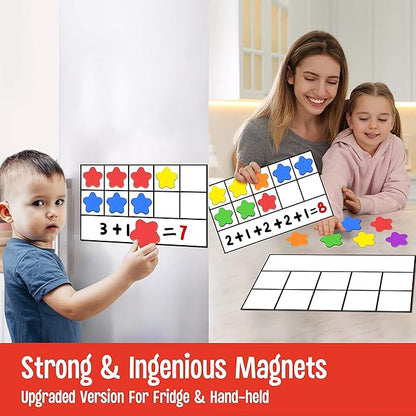 Magnetic Ten-Frame Set, 6 Frames & 66 Colorful Star-Shaped Counters Ten Frame Math Games Manipulative Counting Toys for Kindergarten Preschool, 6 Colors & 2 Markers (Fridge & Hand-held)