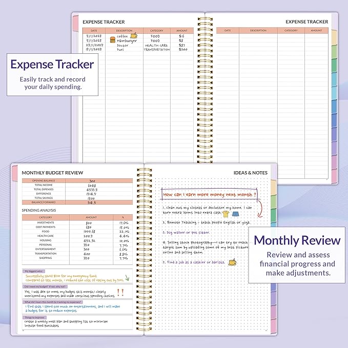 SUNEE Budget Planner - Monthly Budget Book with Expense Tracker Notebook, A4(8.5" x 11") Undated 12 Month Bill Organizer & Finance Planner to Manage Your Money, Account Book with Colorful Tab, Purple