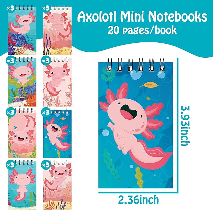 24 Packs Axolotl Mini Spiral Notebooks Cute Animal Pocket Notepads Journal Memo Pads for Birthday Party Favors Gifts Goodie Bag Stocking Stuffers Office School Classroom Rewards, 8 Designs