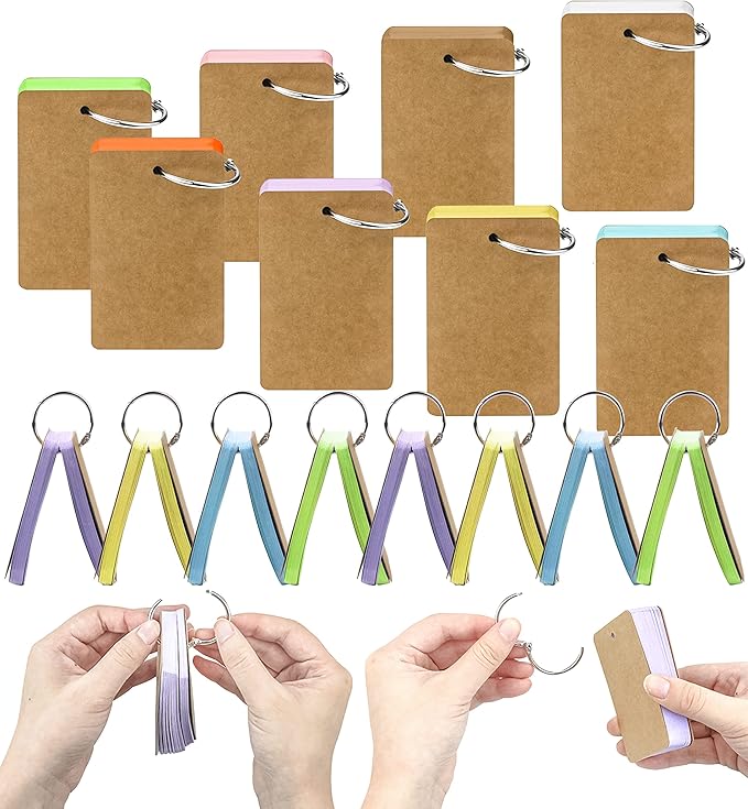 MotBach 400PCS Colored Blank Flash Card Index Cards with Binding Rings,8 Color Easy Flip Flash Card Study Note Card Perfect for Bookmark School Learning Memory Recipe Cards Game Cards(3.5 x2.2 Inch)
