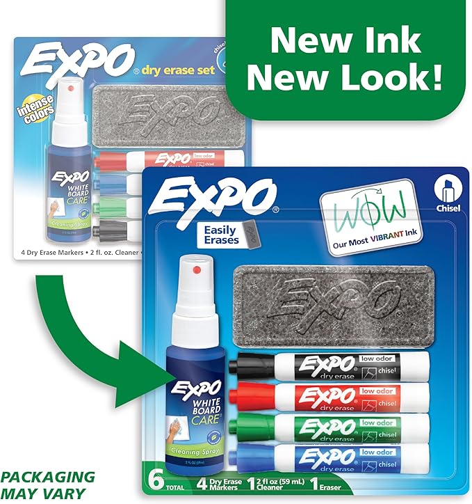 EXPO Dry Erase Markers Kit, Chisel Tip, Assorted Colors, Eraser, Spray Cleaner, 6 Count