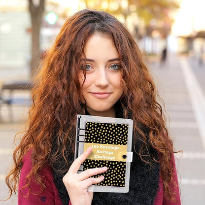 HAUTOCO 100 Envelopes Money Saving Challenge A5 Binder, Savings Challenges Book to Save $5,050, $500, $10,000, Budget Binder with Cash Envelopes, PVC Money Saving Binder with Challenge Trackers, Black