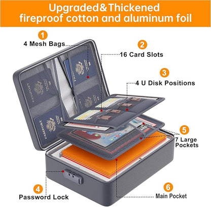 DocSafe 5200°F Document Organizer with Lock,Upgraded Heat Insulated Fireproof＆Waterproof Box 8 Layers File Organizer,Portable Home Travel Safe Storage for Important Documents, Files,Gray (Soft)