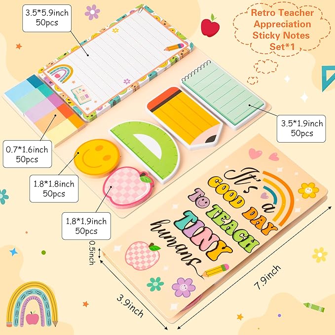 B1ykin Sticky Notes Set - Cartoon Theme Cute Self-Stick Notes Pad Teacher Appreciation Gifts， Self-Adhesive Writing Memo Pages Sticky to Do Notepad for Kids Employee School Office (Retro Teacher)