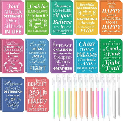 24 Pcs Mini Inspirational Notebooks Bulk with 24 Pcs Colorful Pens, Small Pocket Journal Notepads Set, Motivational Bulk Gifts for Women Men Teacher Student Kids, Fun School Office Supplies,3.5"x5.5"