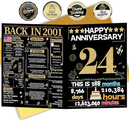 Joycard 24th Anniversary Card for Women Men, Gold Wedding Card for Wife Husband, Sweet Marriage Decorations Gifts for Couple, Perfect for Her Him on Anniversary Day, Back in 2001