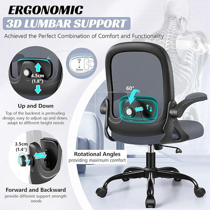 Office Chair Ergonomic Desk Chair with Adjustable 3D Lumbar Support and Height, Comfy Mesh Computer Chair with Flip-up Armrests, Swivel Rolling Task Chair with Wheels (Dark Gray)