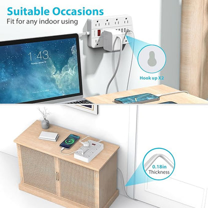 15ft Extension Cord Long Power Strip,AOFO 8 Widely-Spaced Outlets & 6 USB Ports Flat Plug Power Strip,Power Cord for Wall Mountable and Desktop White