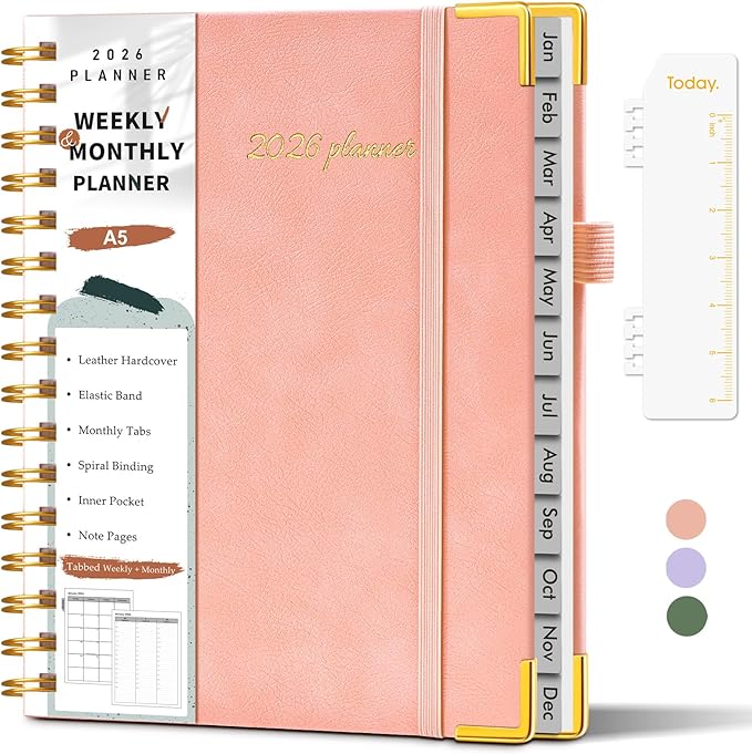 2026 Planner, Weekly and Monthly Calendar Planner from January 2026 - December 2026, 5.75" x 8.38" Hardcover Leather Hourly Appointment Book with Tabs, A5 Spiral Daily Planners for College School Work Home, Pink