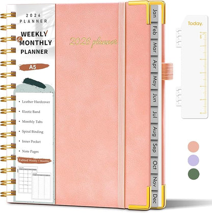 2026 Planner, Weekly and Monthly Calendar Planner from January 2026 - December 2026, 5.75" x 8.38" Hardcover Leather Hourly Appointment Book with Tabs, A5 Spiral Daily Planners for College School Work Home, Pink