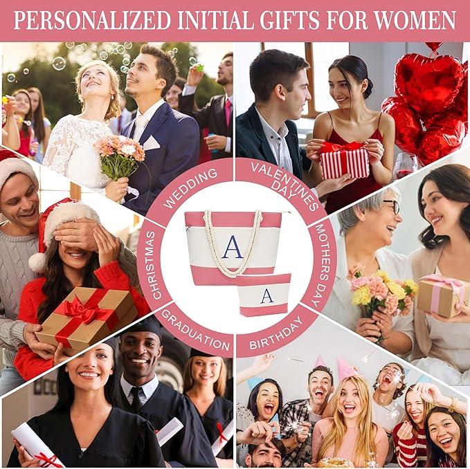 YOOLIFE Christmas Gifts for Women - Initial Canvas Tote Bag & Makeup Bag, Birthday Gifts for Women Mom Teacher Friend Sister