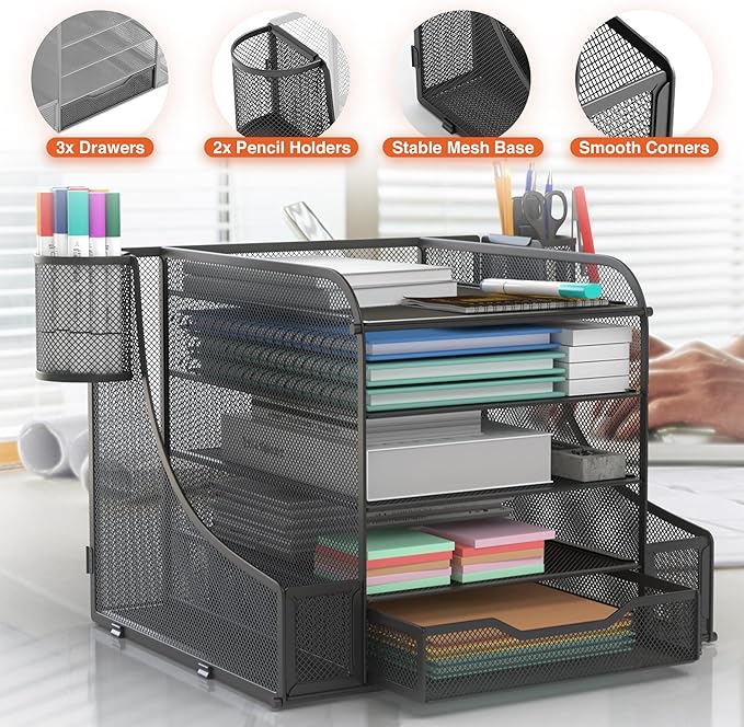 EVOOMI 5 Tier Mesh Desk Organizer PLUS - The Upgraded Time, Space & Sanity Saving Desktop Organizer System for Productivity Success - Ideal Pencil File Paperclip Post It Holder Mail Folder Organizer