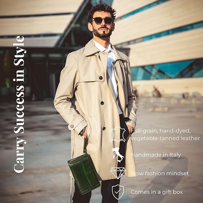 Time Resistance Leather Clutch for Men Organizer Wrist Bag Briefcase Handmade in Italy Gift Box Included