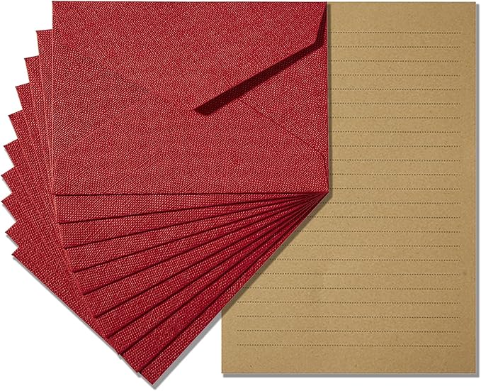 Tuhangcc Stationery Writing Paper and Envelopes Set with Jute Rope 4 X 6 for Writing Letter, (20 Best Paper with 10 Heavyweight envelopes),by Better Gift Office Products(Red)