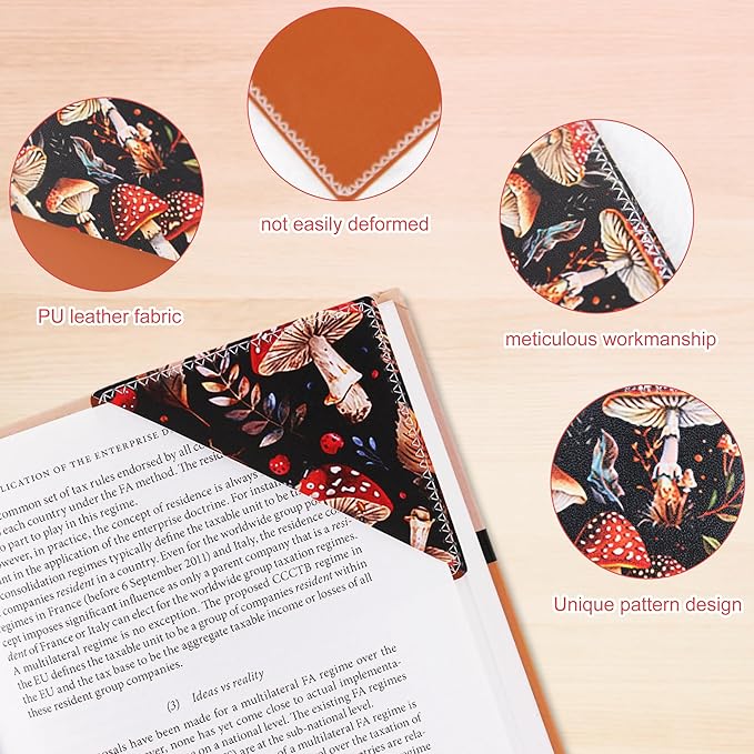 4 Pieces Leather Bookmarks, Cute Book Accessories for Reading Lovers, Page Markers for Women Men Kids Students Teachers Retirement Birthday Gift (Mushroom)