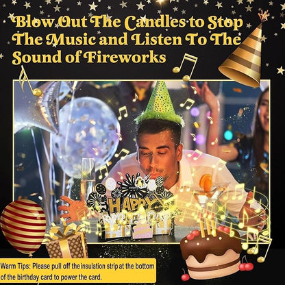 Elegant 3D Pop-Up Birthday Card with LED Lights – Blowable Candle & Music Greeting Card for Women, Mom, Daughter Black Gold