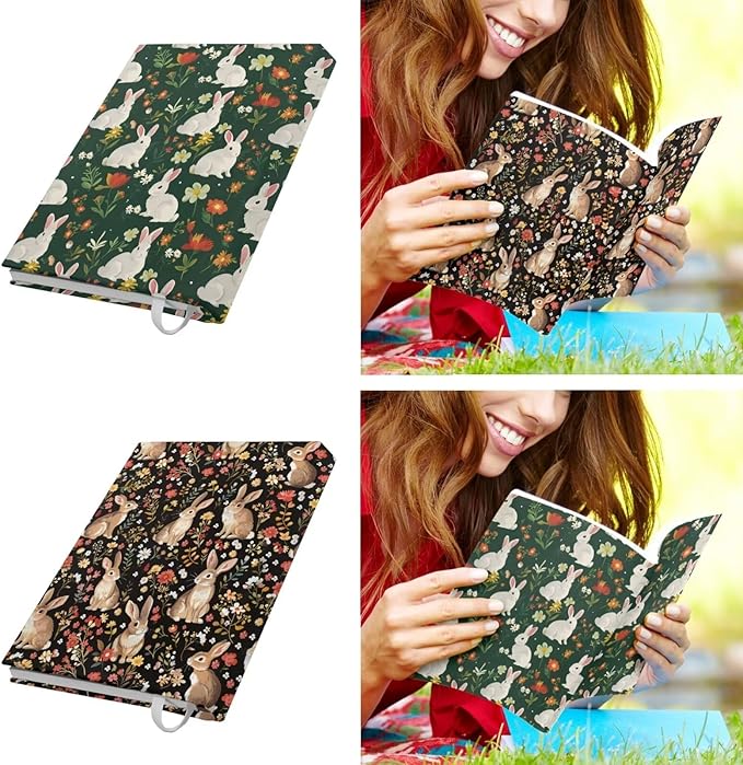 Bunny Floral Print Book Cover Book Protector 2 Pack Reusable, Stretchable Book Sox Hardcover Covers Reusable Book Protector Pouch, Green and Brown