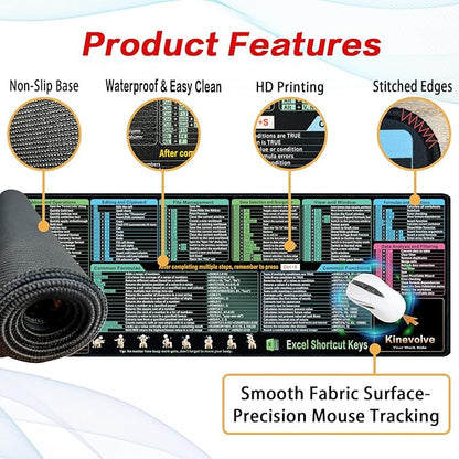 Excel Shortcut Kyes Mouse Pad,Large XL Excel Cheat Sheet Desk Pad,Pc Office&Gaming Keyboard Mat, Non-Slip Spreadsheet Shortcuts Mousepad 31.5" x 11.8"