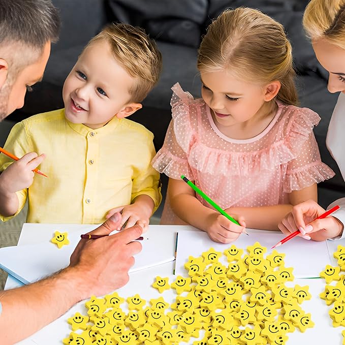 120pcs Star with Smile Face Mini Erasers Fun Smiley Face Yellow Cartoon Eraser Assortment Cute Smiling Desk Puzzle Erasers for Kids School Carnival Reward Student Prizes Birthday Gifr Filler