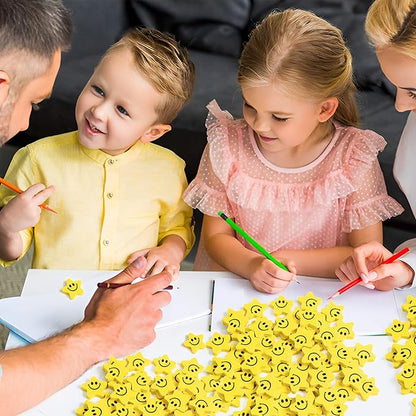 120pcs Star with Smile Face Mini Erasers Fun Smiley Face Yellow Cartoon Eraser Assortment Cute Smiling Desk Puzzle Erasers for Kids School Carnival Reward Student Prizes Birthday Gifr Filler