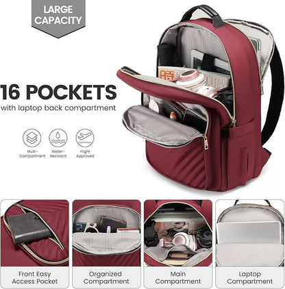 LOVEVOOK Laptop Backpack for Women 15.6 inch,Cute Womens Travel Backpack Purse,Professional Laptop Computer Bag,Waterproof Work Business College Teacher Bags Carry on Backpack with USB Port,Wine Red