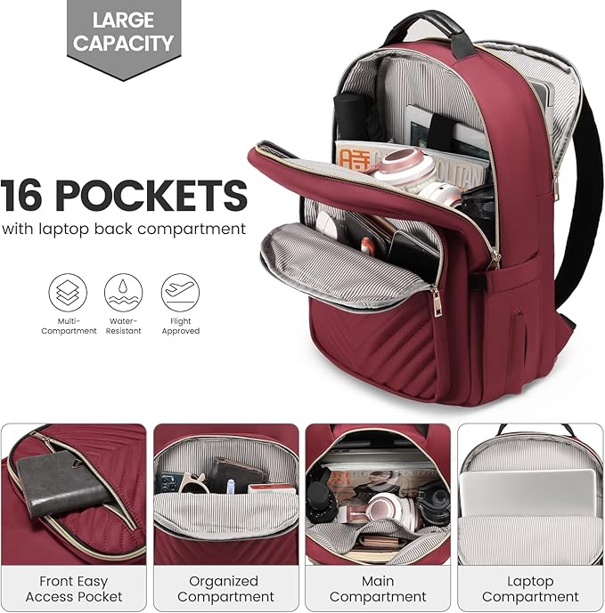 LOVEVOOK Laptop Backpack for Women 17.3 inch,Cute Womens Travel Backpack Purse,Professional Laptop Computer Bag,Waterproof Work Business College Teacher Bags Carry on Backpack with USB Port,Wine Red