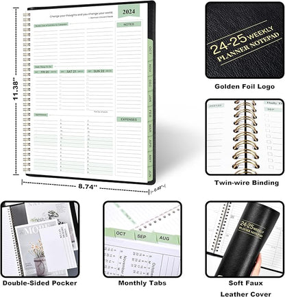 2024-2025 Planner -11.38'' x 8.74'', Weekly & Monthly Planner Notepad, From JUL.2024 - JUN.2025, Appointment Book, 60 Minutes Interval, Monthly Tabs, Faux Soft Leather, Spiral Bound - Black