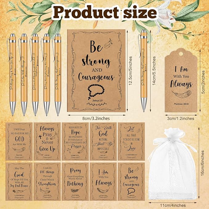 200 Pcs Bible Verse Sets Church Christian Gift Include 50 Scripture Notebooks 50 Bible Bamboo Pens 50 Thanks Tags 50 Organza Bags for Women Man Christian Party Gifts(Brown,Bible)