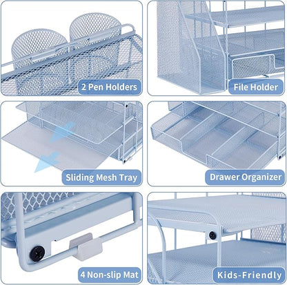 Desk Organizers and Accessories, Desk Accessories & Workspace Organizers for Office Supplies, File Organizer Desk Drawer Organizer with 2 Pen Holders, 4 Tier Paper Organizer for Desk(Blue)