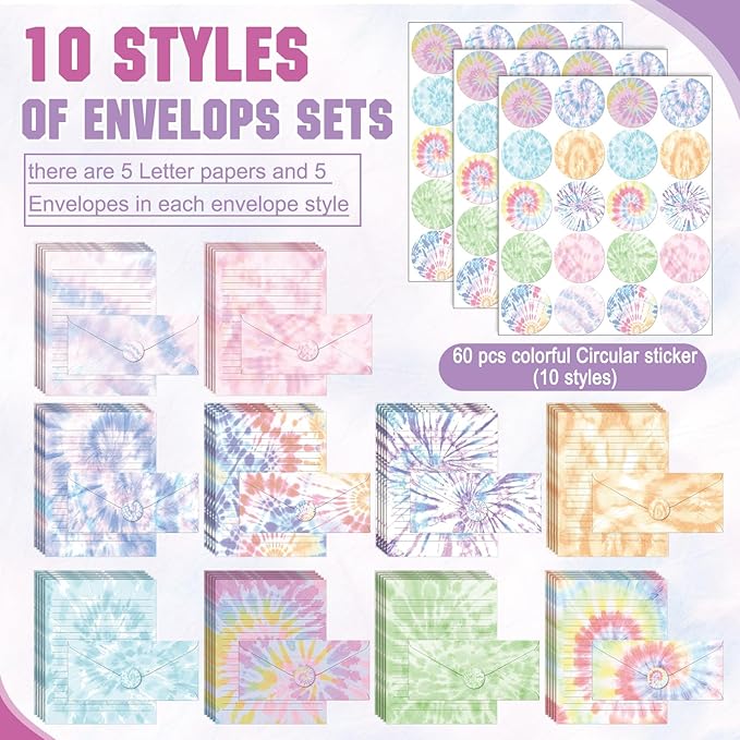TaoBary 160 Packs Stationery Paper Set (50 Double Sided Stationery Writing Papers 50 Matching Envelopes) 60 Round Dot Sticker, 10 Design (8.5 x 11 Inch,Tie Dye)
