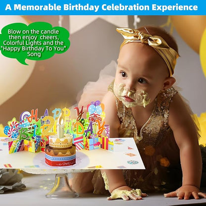 Gumry 2ND Musical Birthday PopUp Card, Blowable Colorful Light Candle 3D Cards with Song, Applause Cheers Sound, Greeting Cards Birthday Gifts Decorations for Daughter Son Turning 2 Years Old