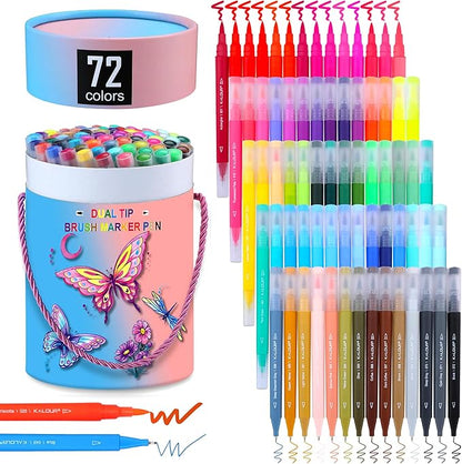 Kalour 72 Colors Art Markers Pens,Dual Tip (Brush and Fine Point),Color Number and Color Name,Art Marker for Coloring Lettering Calligraphy Drawing Journaling,Coloring Art Gift for Adult Beginner Kids
