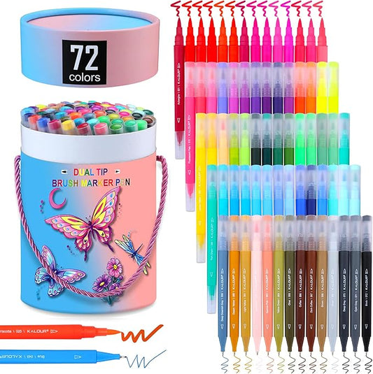 Kalour 72 Colors Art Markers Pens,Dual Tip (Brush and Fine Point),Color Number and Color Name,Art Marker for Coloring Lettering Calligraphy Drawing Journaling,Coloring Art Gift for Adult Beginner Kids