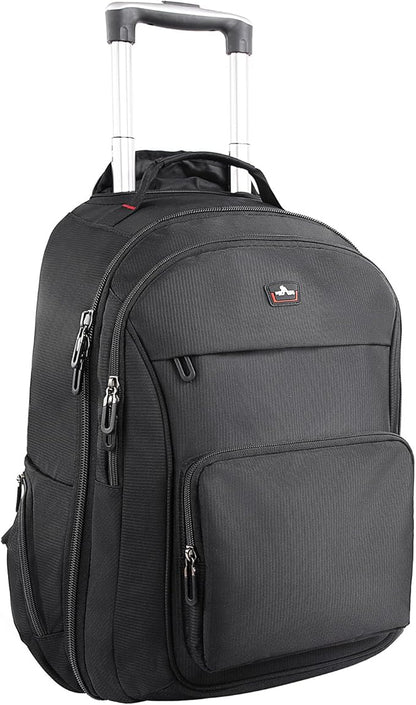 Rolling Backpack for Laptop 15.6 inch, Waterproof Travel Bag with Wheels, Business Carry on Luggage, Multi-compartments, Adjustable Aluminum Telescopic Handle, Black
