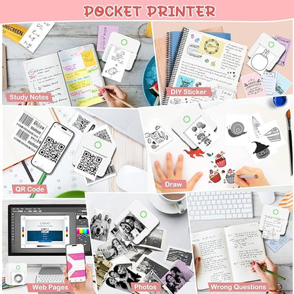Mini Thermal Printer, Portable Mini Printer with 10 Rolls Paper, Sticker Printer Machine, Study Printer for Notes, Photos, Journals, DIY, Mini Pocket Printer Compatible with Android & iOS