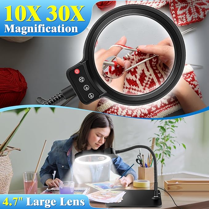 30X 10X Magnifying Glass with Light and Stand, 72 LED 3 Color Modes Stepless Dimmable, Hands Free Lighted Magnifier Desk Lamp for Close Work Craft Hobby Painting Sewing Jewelry Reading, Square