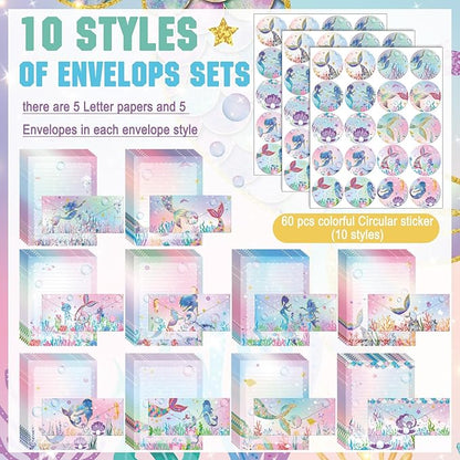 TaoBary 160 Packs Stationery Paper Set (50 Double Sided Stationery Writing Papers 50 Matching Envelopes) 60 Round Dot Sticker, 10 Design(Mermaid,8.5 x 11 Inch)