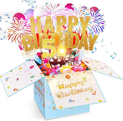Tnvee 5TH Birthday Cards with Lights Music, 3D Pop Up Singing Happy Birthday Greeting Cards Gifts Ideal for 5 Year Old Kids Boy Girl