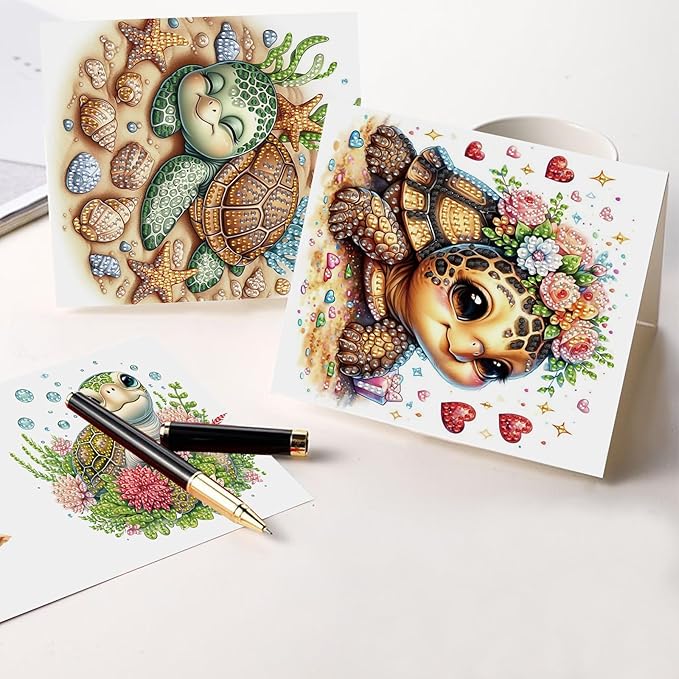 6 pcs Diamond Art Painting Greeting Card Kits, Animal Cute Turtle Design Irregular Shapes Diamond Art Fine Glitter Greeting Cards with Envelopes, Clay Glue, Pen, and Bead Bag for Creative Gifts