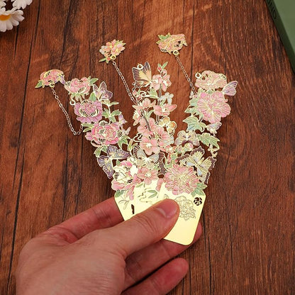 3 PCS Metal Bookmarks, Bookmarks for Reading Women, Pretty Bookmarks for Women, Beautiful Metal Bookmark, Beautiful Flower Bookmark, Peach Blossom, Cottonrose Hibiscus, Peony (BKM-050-001)