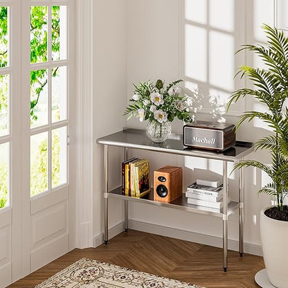 Stainless Steel Table 18 x 48 Inches Metal Prep Table with Backsplash & Adjustable Undershelf for Commercial Kitchen, Outdoor, Restaurant, Hotel & Garage