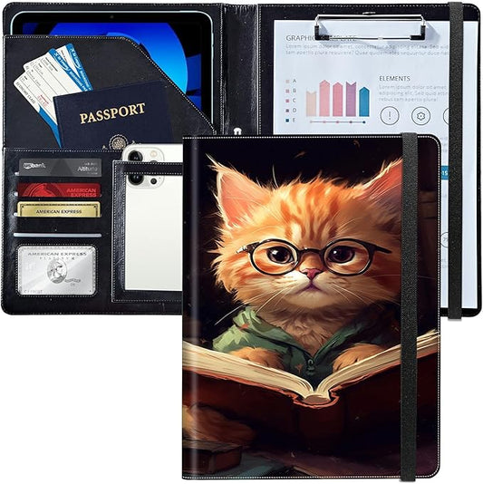 PU Leather Padfolio Folder Clipboard Portfolios Organizer Conference Document Organizer with Business Card Holder Storage Clipboard Writing Pad,Kitten with Glasses