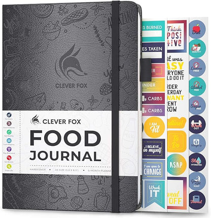 Clever Fox Food Journal - Daily Food Diary, Meal Planner to Track Calories & Nutrients, Weight Tracker Notebook, A5 (Silver Black)