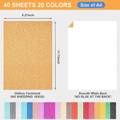 40 Sheets 20 Colors Glitter Cardstock, BetyBedy Cricut Paper Cardstock, No-Shed Sparkly Glitter, A4 Glitter Paper for Arts and Crafts - Card Making, Scrapbooking, DIY Projects